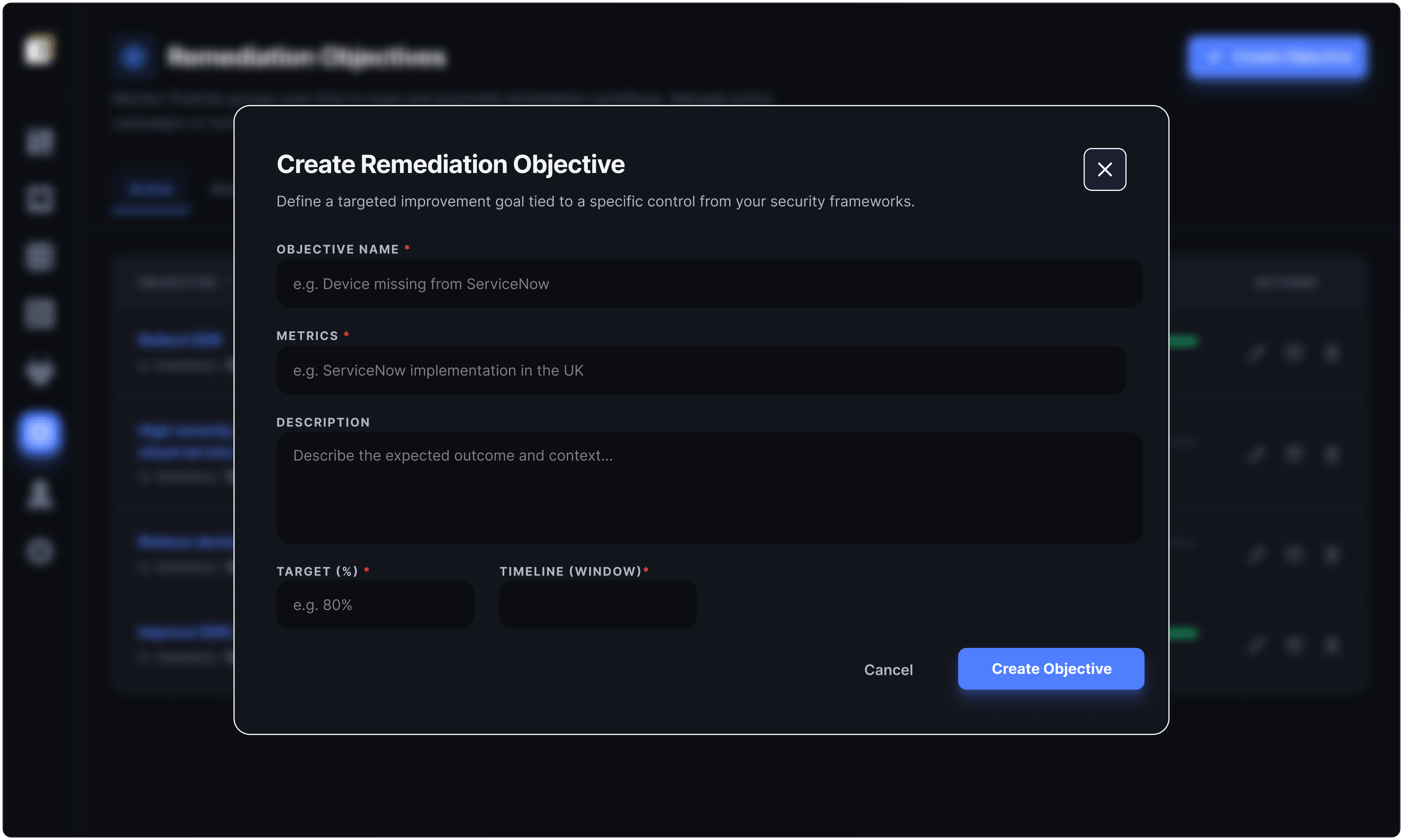 Remediation Objectives — Create Objective modal overlaid on the list view
